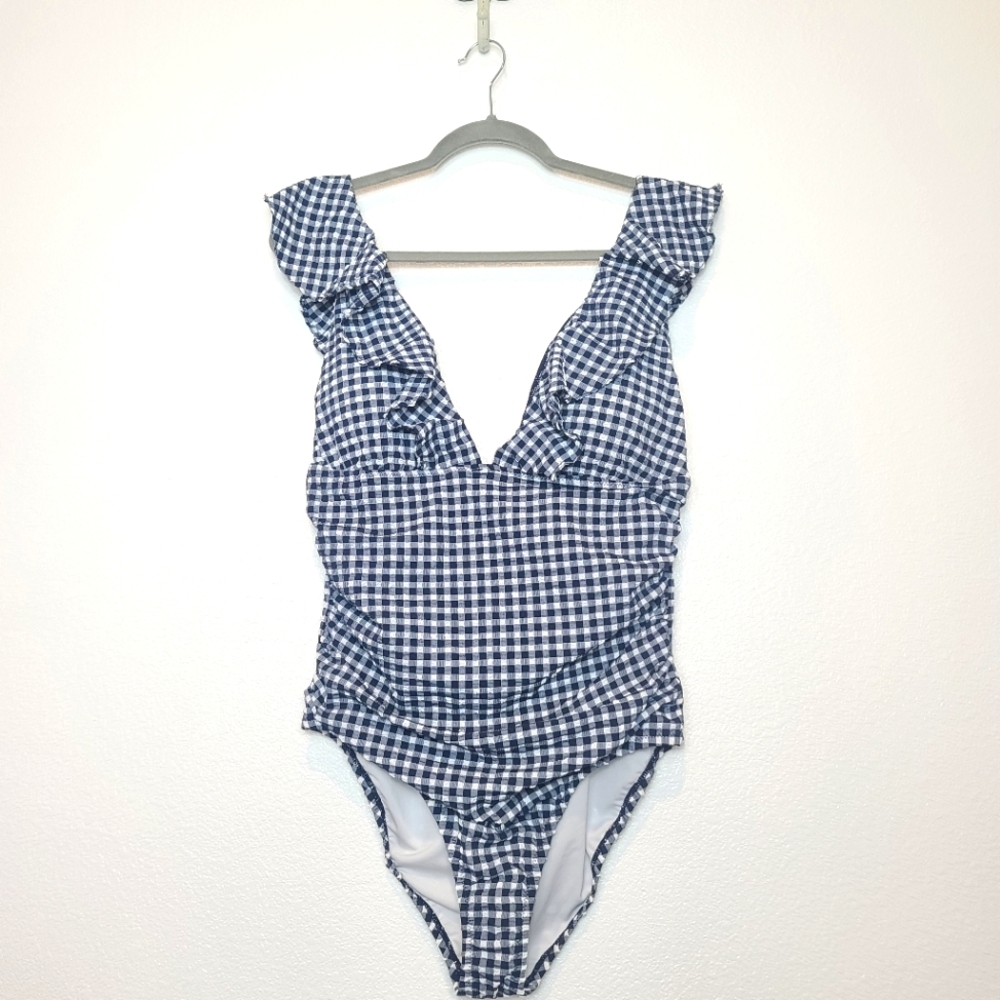 NWT J.Crew Ruched Ruffle One-piece Swimsuit In Classic Gingham in Blue Size 14 - Picture 5 of 13